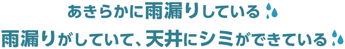 あきらかに雨漏りしている 雨漏りがしていて、天井にシミができている